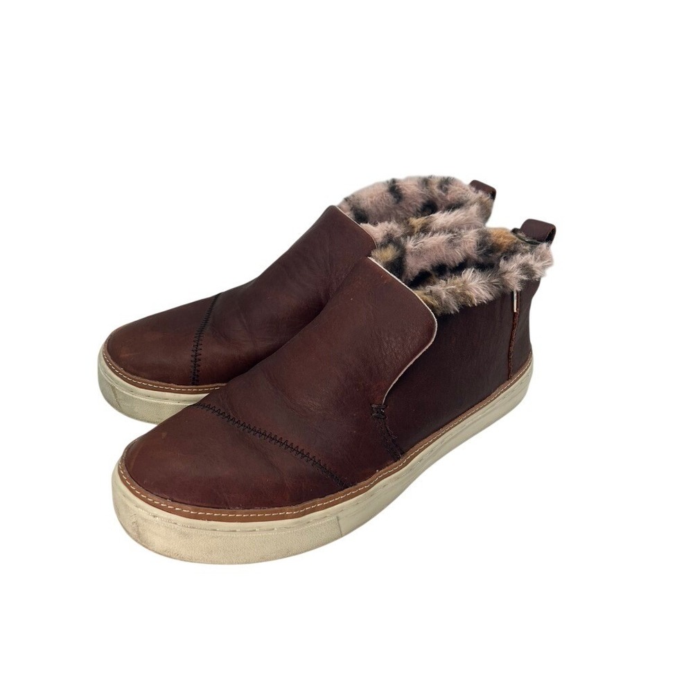 TOMS Avalon Slip On Sneakers Womens 8 Brown Leather Faux Fur Leopard